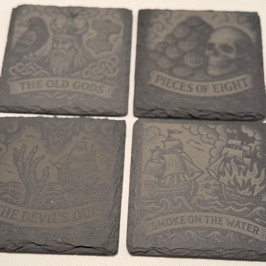 Relics of the Old World – Engraved Slate Coaster Quartet (with Holder)