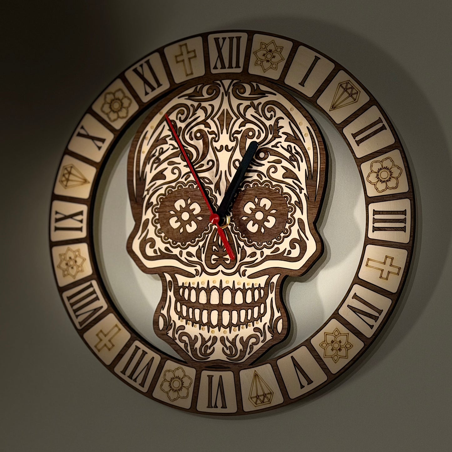 Calavera Reverence Clock – Intricate Walnut & Basswood Sugar Skull Timepiece — product photo 12