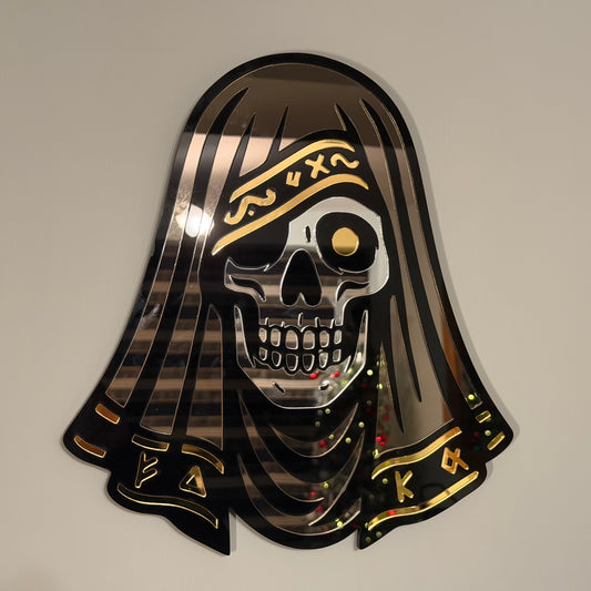 The Veiled Skull – Tri-Tone Mirror Laser-Cut Wall Art | Occult Psychopomp Symbol
