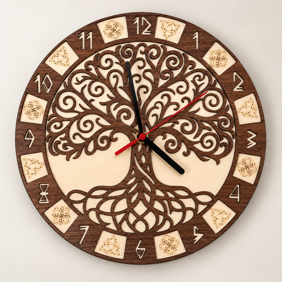 Laser-cut Yggdrasil wooden wall clock made from walnut and basswood ply with intricate Norse world-tree design – handcrafted décor by Sanctum Hex.