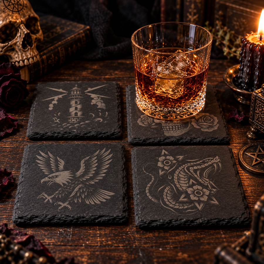 Tattooed Talisman slate coaster set with engraved  skull design in a wooden holder