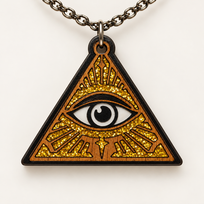 All-seeing eye pyramid pendant necklace in walnut with gold glitter acrylic accents