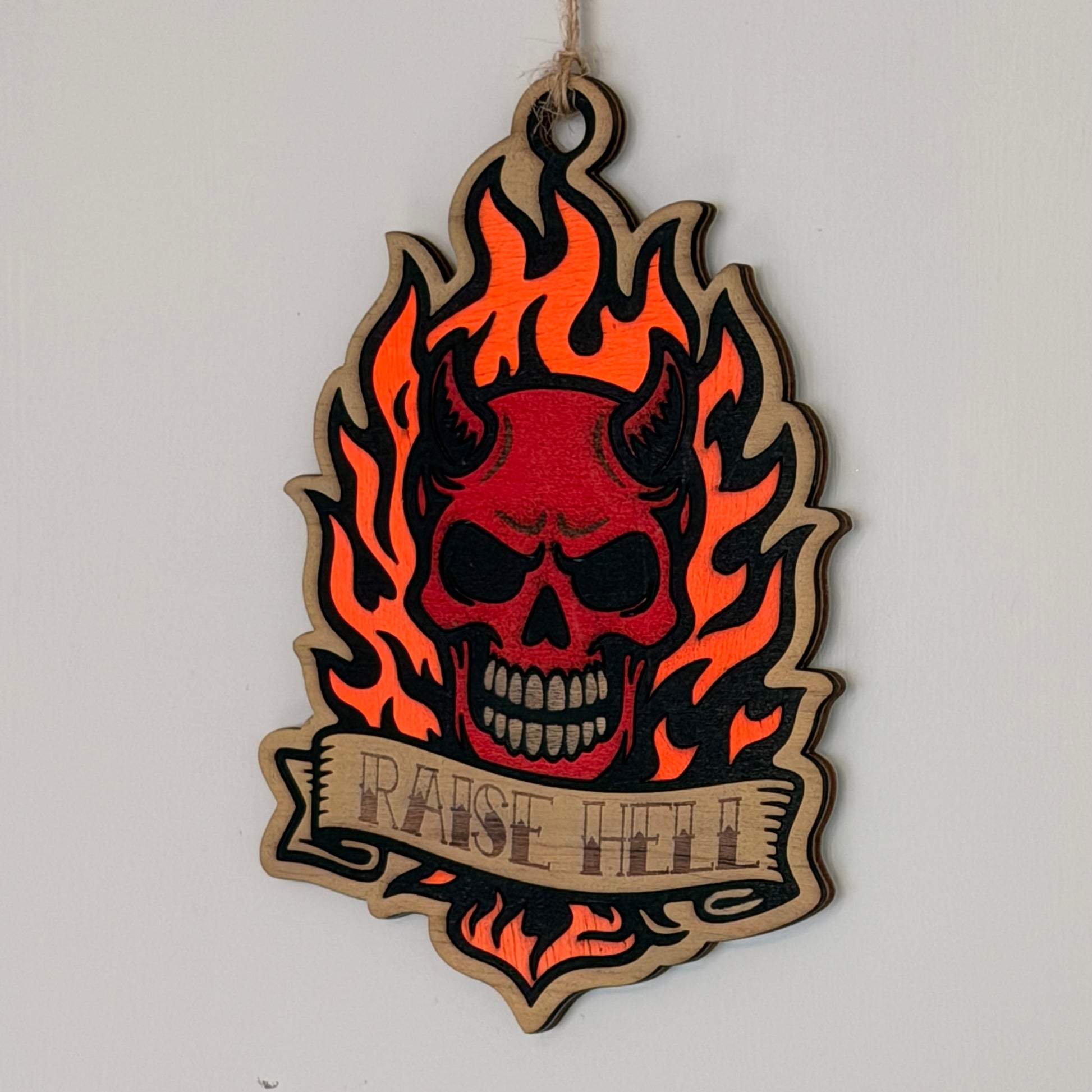 Raise Hell flaming skull tattoo-style hanging charm — photo 2