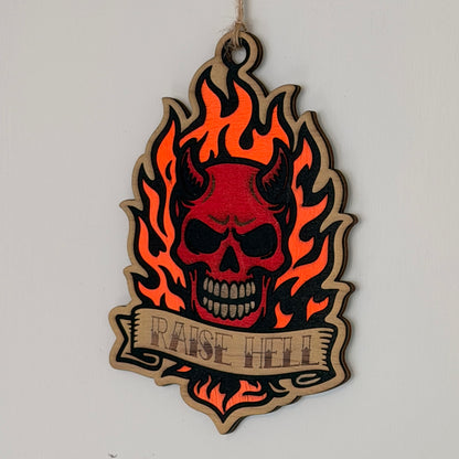 Raise Hell flaming skull tattoo-style hanging charm — photo 2