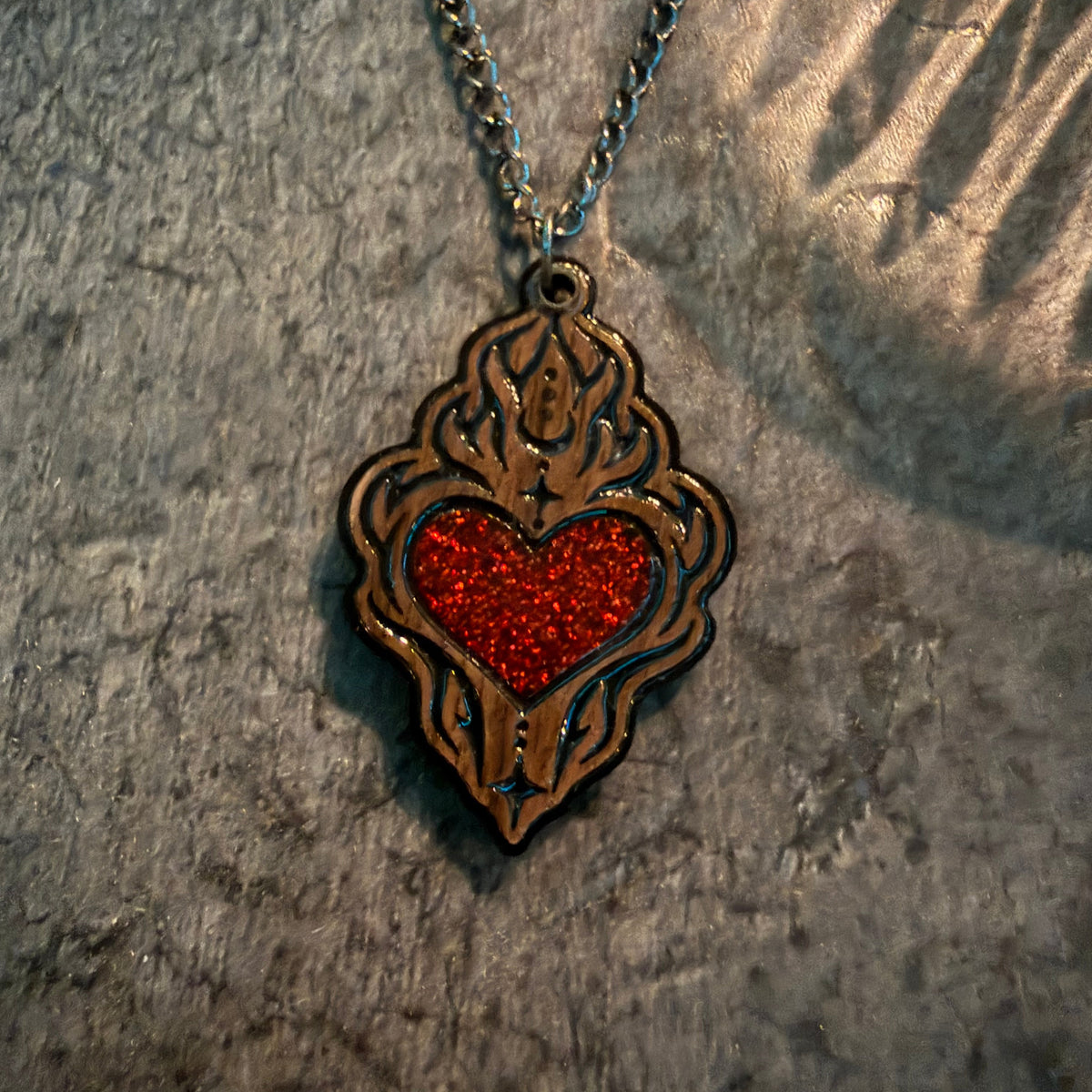 Tattoo-inspired gothic Sacred Heart pendant in walnut with gunmetal-tone chain