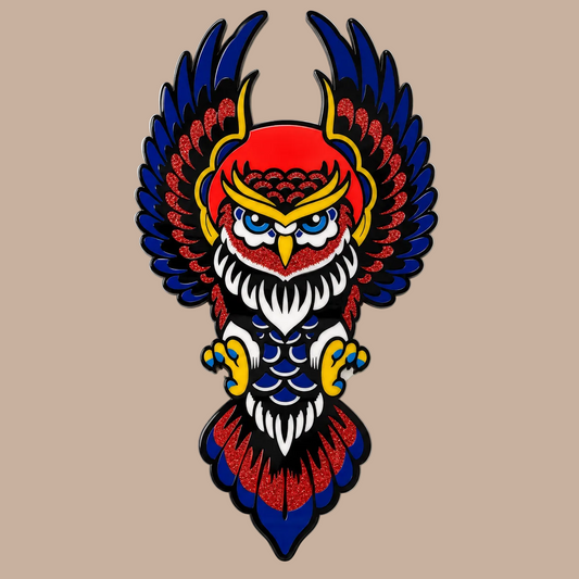 A colorful owl graphic or patch design centered on a plain light background. The owl has a red head, blue wings, white feathers, and yellow accents, outlined in black.