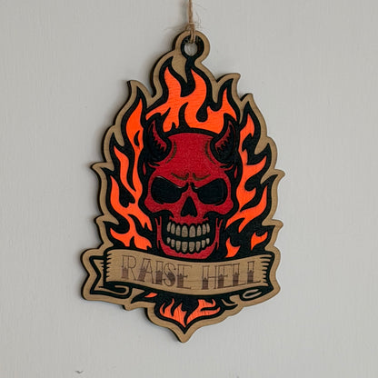 Raise Hell flaming skull tattoo-style hanging charm — photo 1