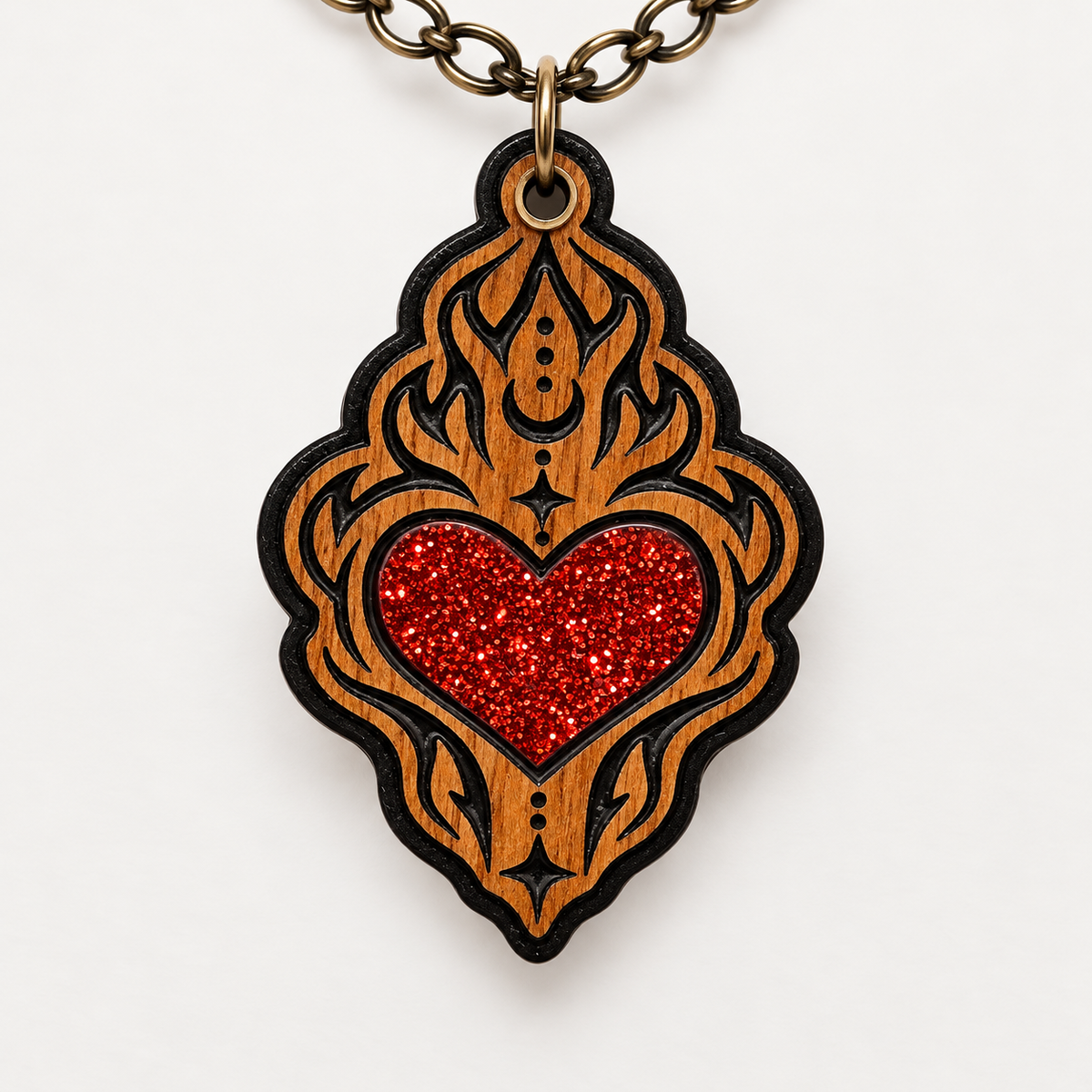 Sanctum Hex Sacred Heart walnut pendant necklace with red glitter acrylic heart