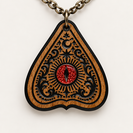 Sanctum Hex planchette pendant necklace with red glitter slit eye in walnut