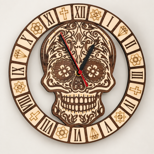 Calavera Reverence Clock – Intricate Walnut & Basswood Sugar Skull Timepiece