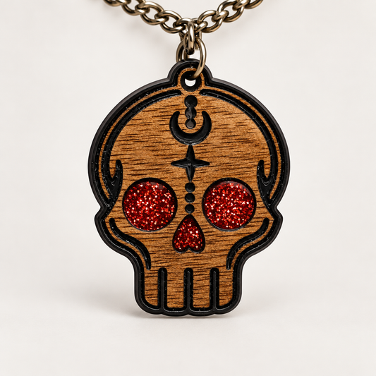 Sanctum Hex skull pendant necklace in walnut with red glitter eyes and gunmetal-tone chain
