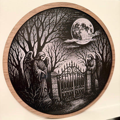 Gothic Angels Gate Roundel laser-engraved acrylic wall art — photo 2