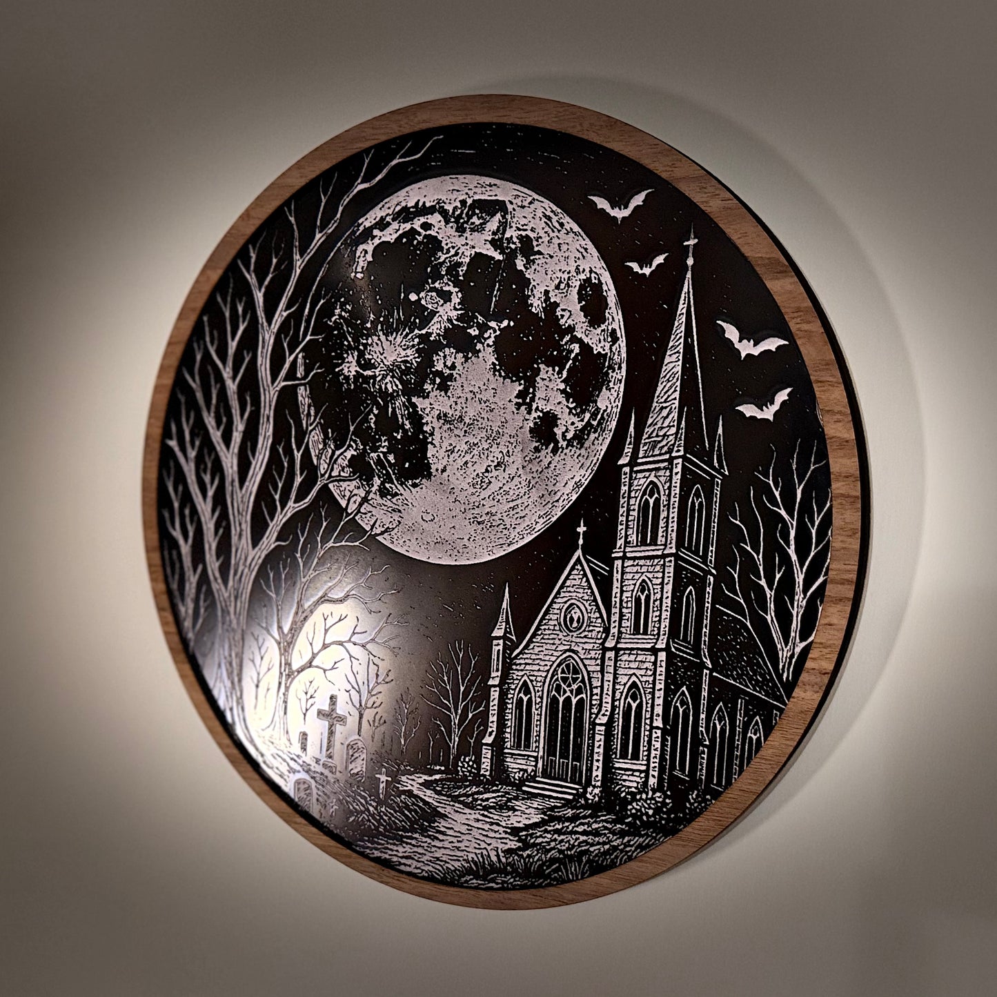 Gothic Church Roundel – Laser-Engraved Acrylic Wall Art (280mm)