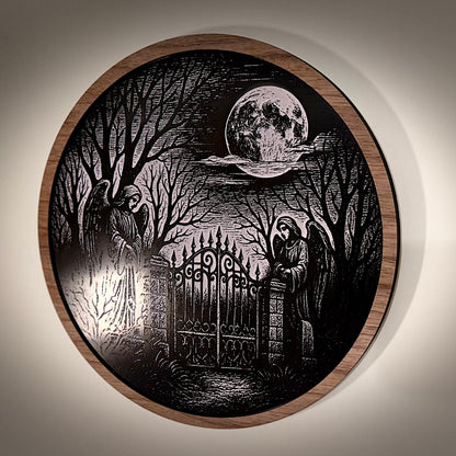 Gothic Angels Gate Roundel laser-engraved acrylic wall art — photo 1