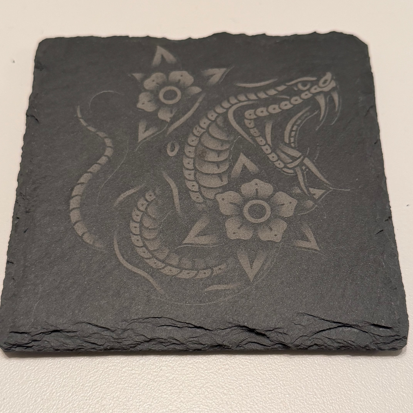The Tattooed Talisman Set – Engraved Slate Coaster Quartet (with Holder)
