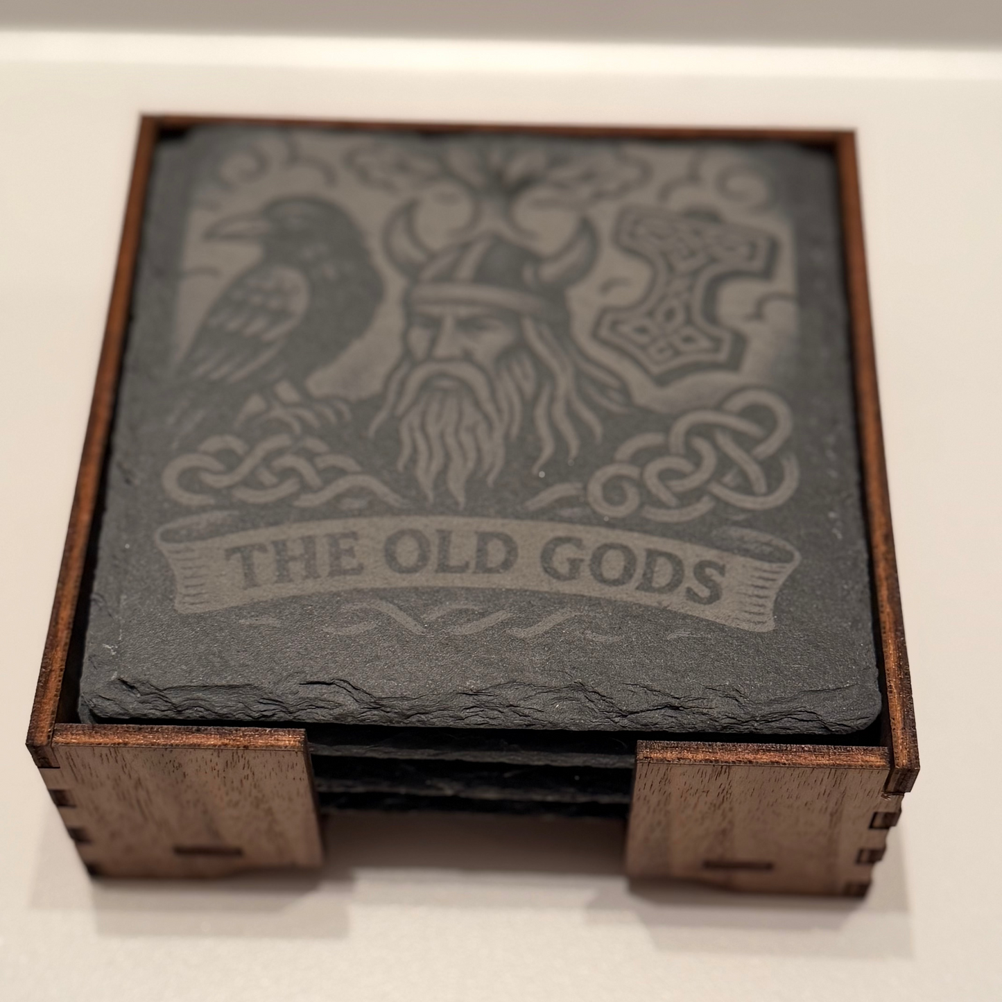 Relics of the Old World – Engraved Slate Coaster Quartet (with Holder)