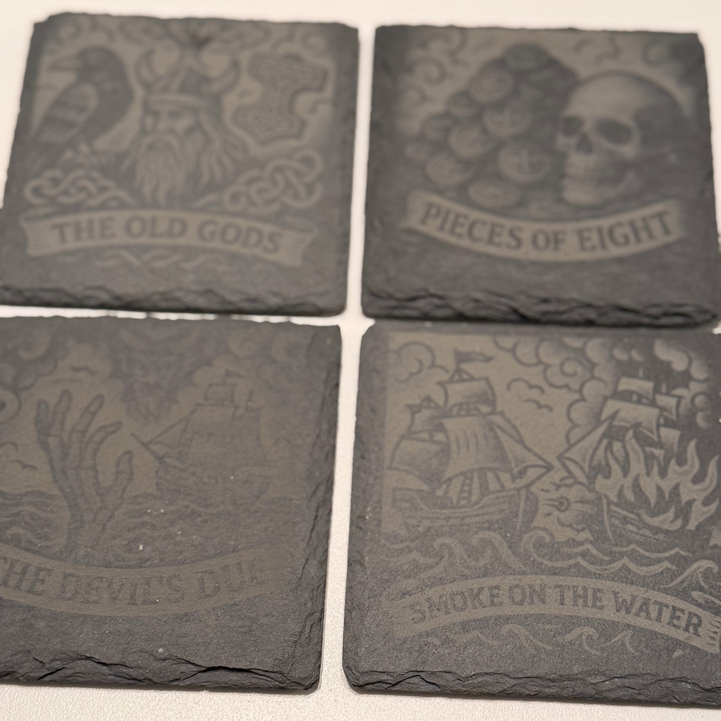 Relics of the Old World – Engraved Slate Coaster Quartet (with Holder)