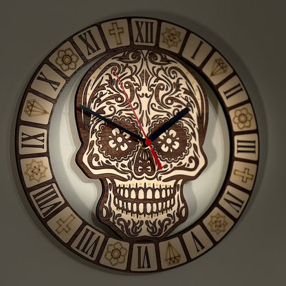 Calavera Reverence sugar skull wall clock in walnut and basswood — photo 10
