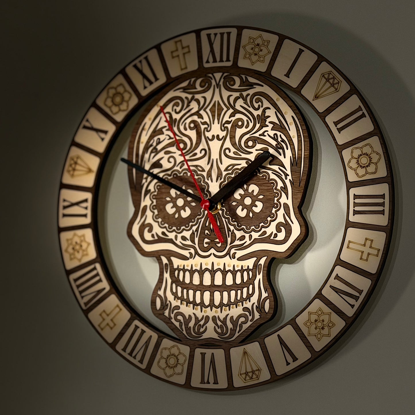Calavera Reverence Clock – Intricate Walnut & Basswood Sugar Skull Timepiece — product photo 11
