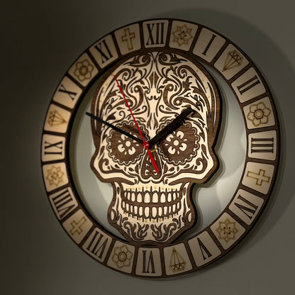 Calavera Reverence sugar skull wall clock in walnut and basswood — photo 11