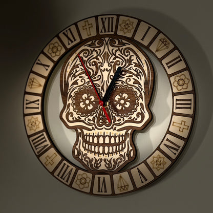 Calavera Reverence sugar skull wall clock in walnut and basswood — photo 12