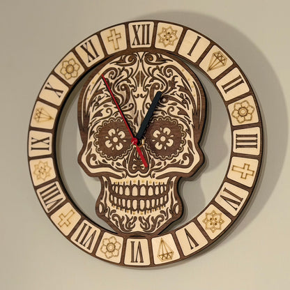 Calavera Reverence sugar skull wall clock in walnut and basswood — photo 2