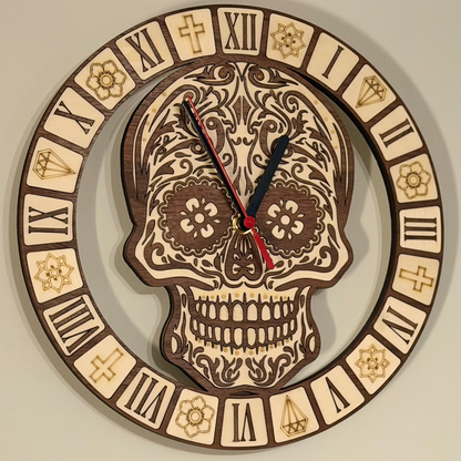Calavera Reverence sugar skull wall clock in walnut and basswood — photo 1