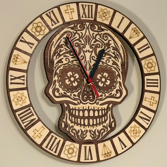 Calavera Reverence Clock – Intricate Walnut & Basswood Sugar Skull Timepiece