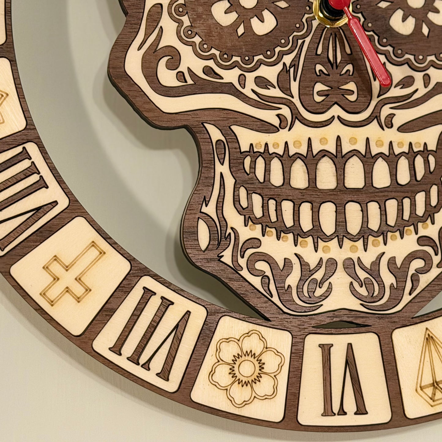 Calavera Reverence Clock – Intricate Walnut & Basswood Sugar Skull Timepiece — product photo 4