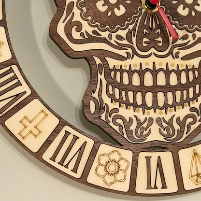 Calavera Reverence sugar skull wall clock in walnut and basswood — photo 4