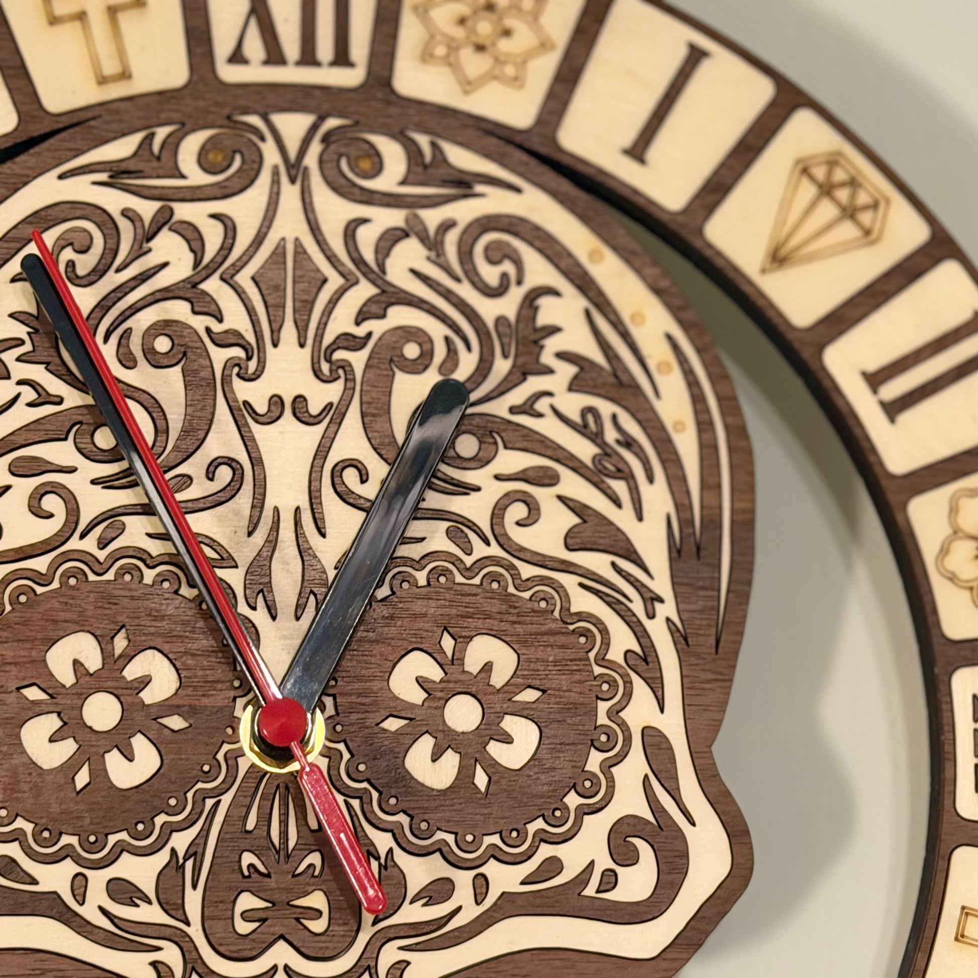Calavera Reverence Clock – Intricate Walnut & Basswood Sugar Skull Timepiece — product photo 5