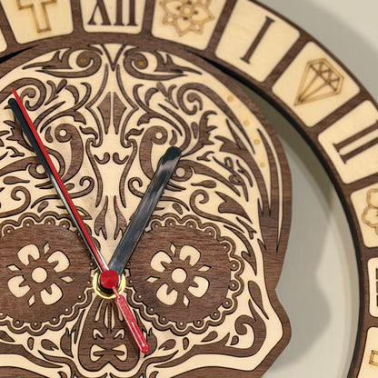 Calavera Reverence sugar skull wall clock in walnut and basswood — photo 5