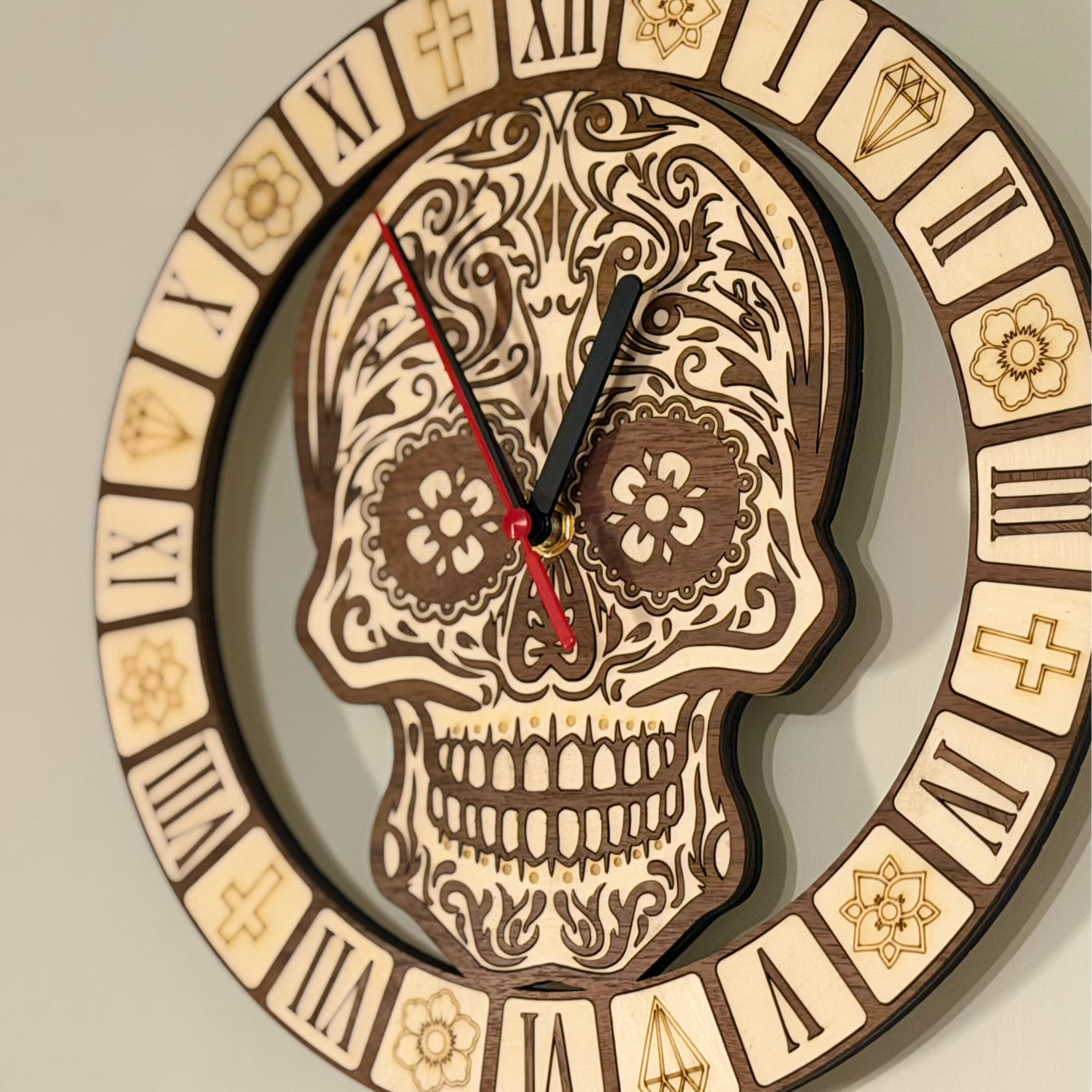 Calavera Reverence Clock – Intricate Walnut & Basswood Sugar Skull Timepiece — product photo 6