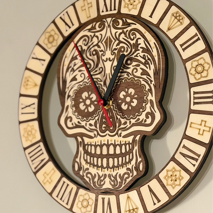 Calavera Reverence sugar skull wall clock in walnut and basswood — photo 6