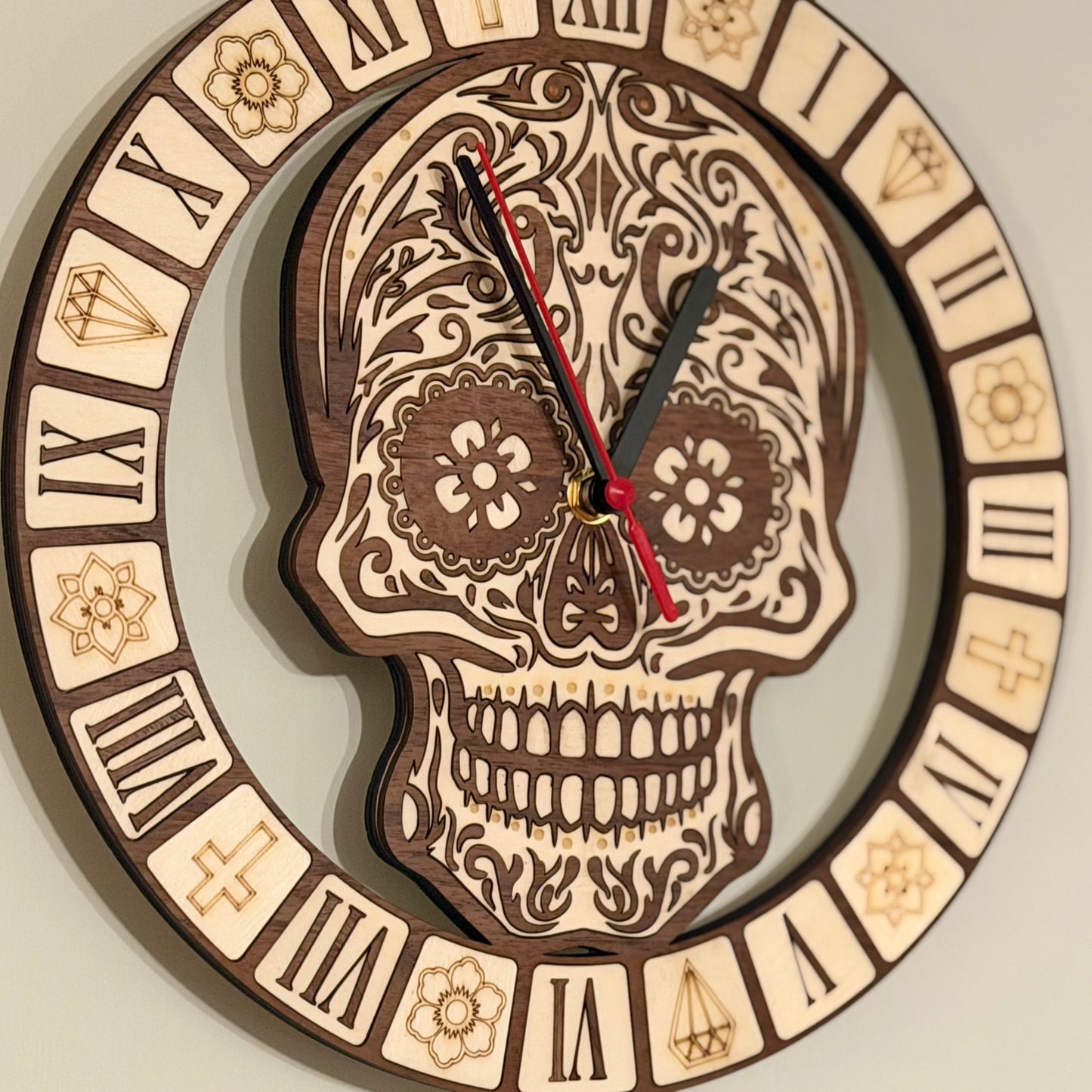 Calavera Reverence Clock – Intricate Walnut & Basswood Sugar Skull Timepiece — product photo 3