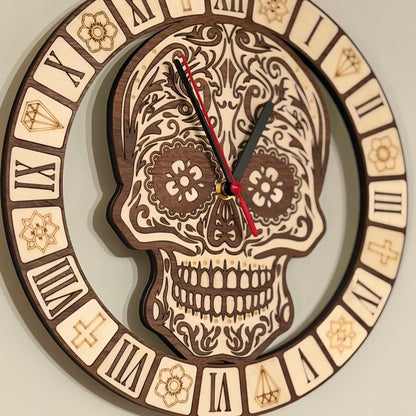 Calavera Reverence sugar skull wall clock in walnut and basswood — photo 3