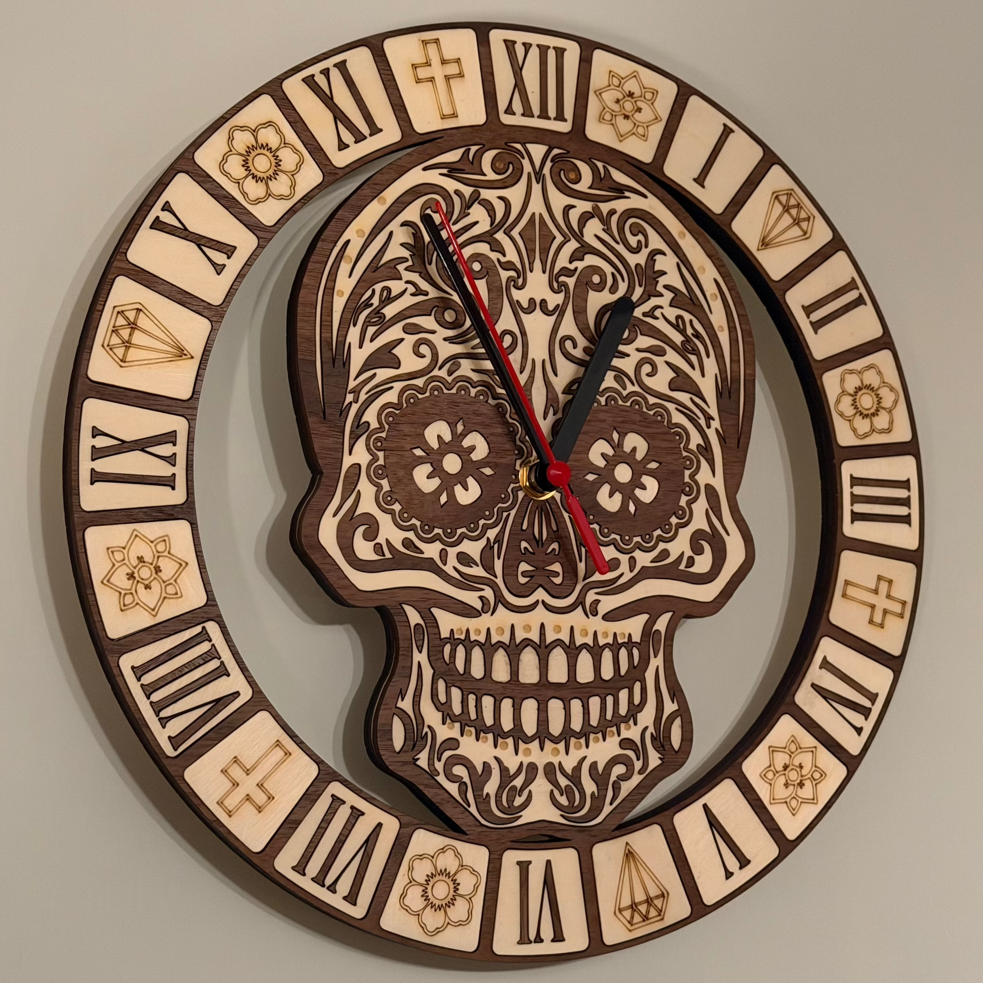 Calavera Reverence Clock – Intricate Walnut & Basswood Sugar Skull Timepiece — product photo 7