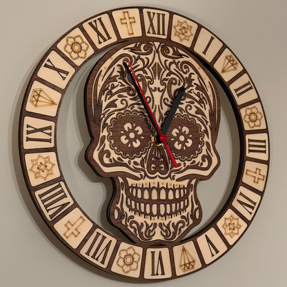 Calavera Reverence sugar skull wall clock in walnut and basswood — photo 7