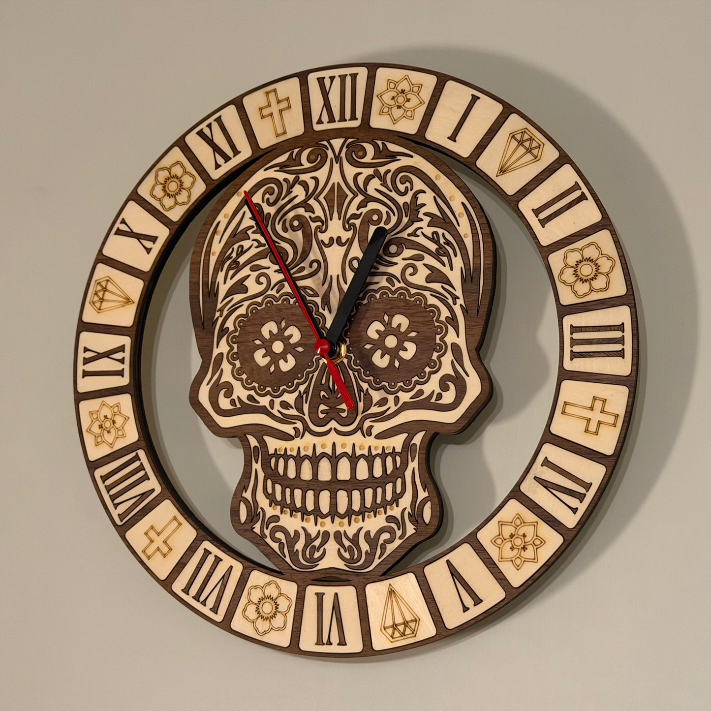 Calavera Reverence Clock – Intricate Walnut & Basswood Sugar Skull Timepiece — product photo 8