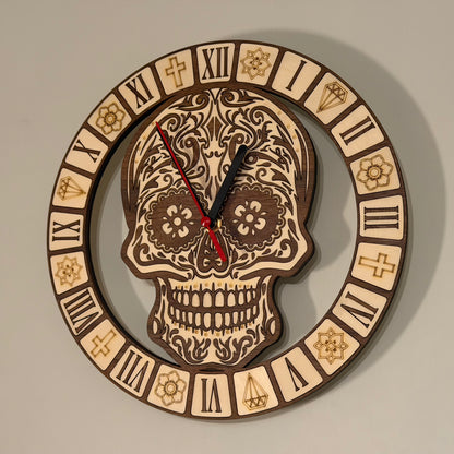 Calavera Reverence sugar skull wall clock in walnut and basswood — photo 8
