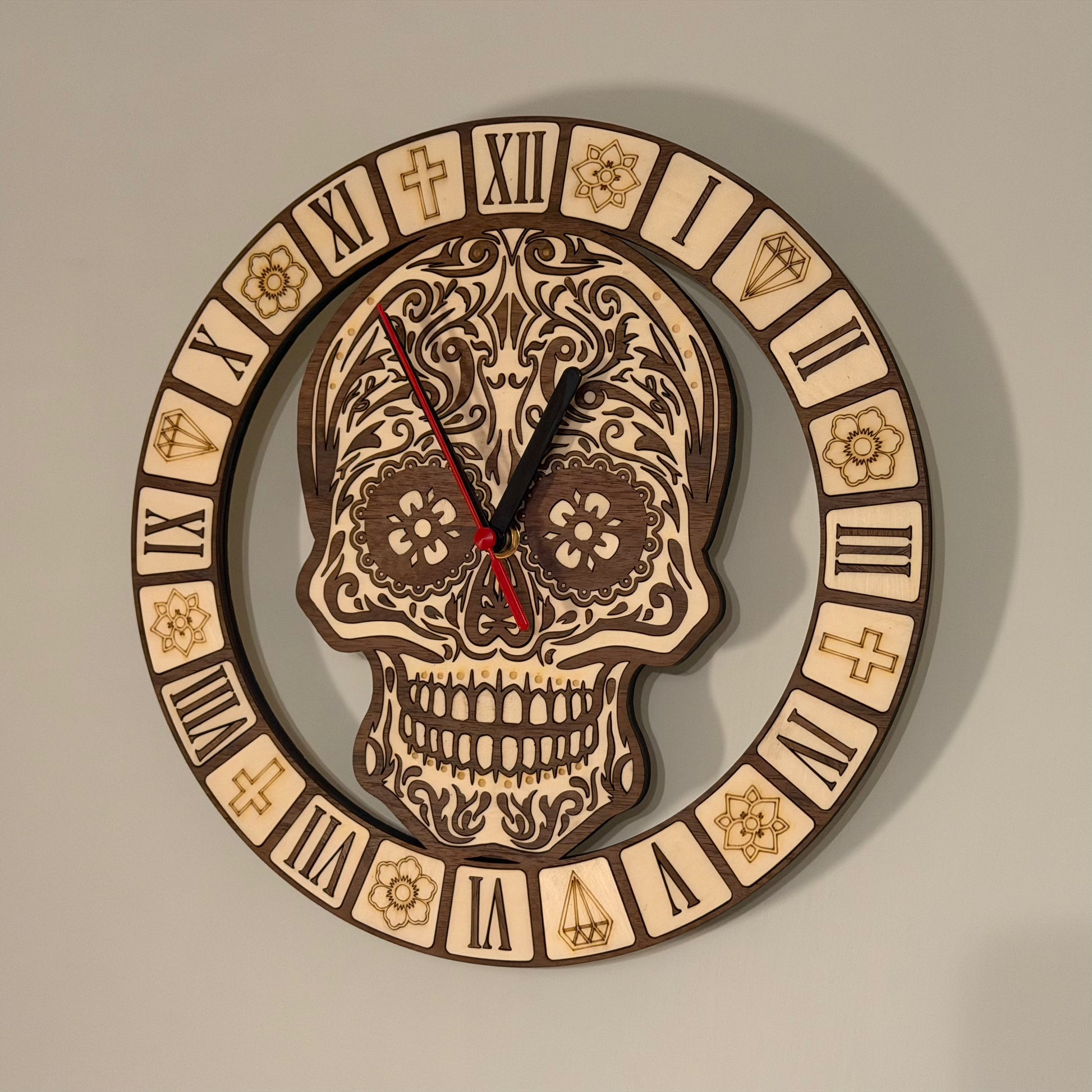 Calavera Reverence Clock – Intricate Walnut & Basswood Sugar Skull Timepiece — product photo 9