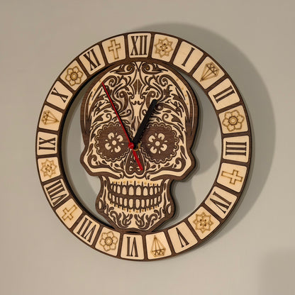 Calavera Reverence sugar skull wall clock in walnut and basswood — photo 9