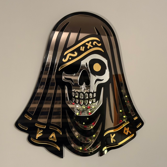 The Veiled Skull – Tri-Tone Mirror Laser-Cut Wall Art | Occult Psychopomp Symbol