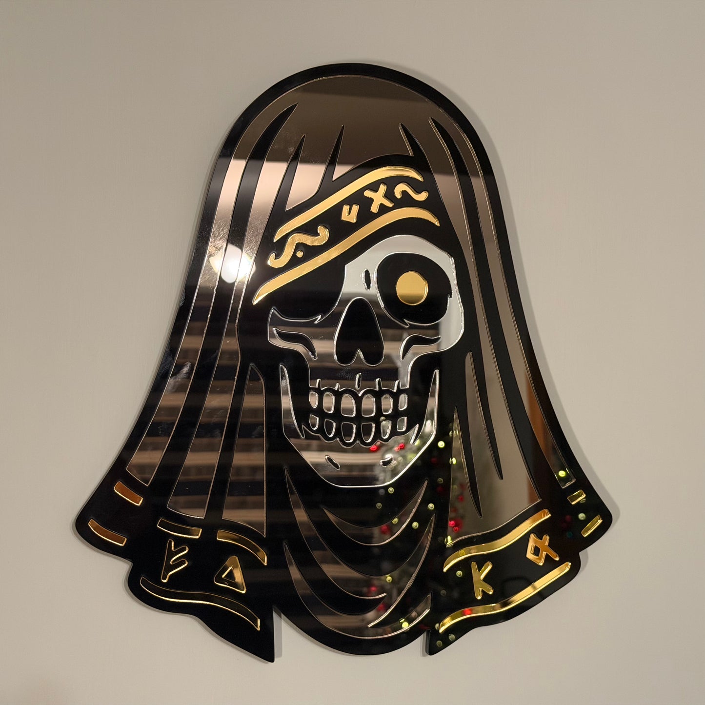 The Veiled Skull – Tri-Tone Mirror Laser-Cut Wall Art | Occult Psychopomp Symbol