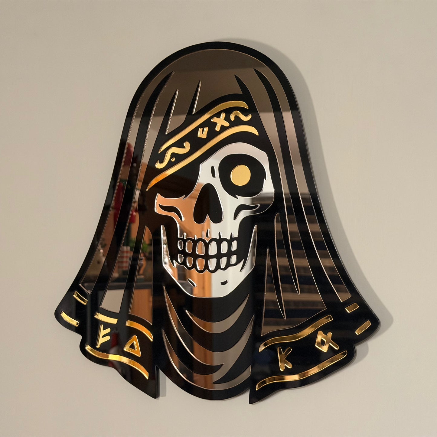 The Veiled Skull – Tri-Tone Mirror Laser-Cut Wall Art | Occult Psychopomp Symbol