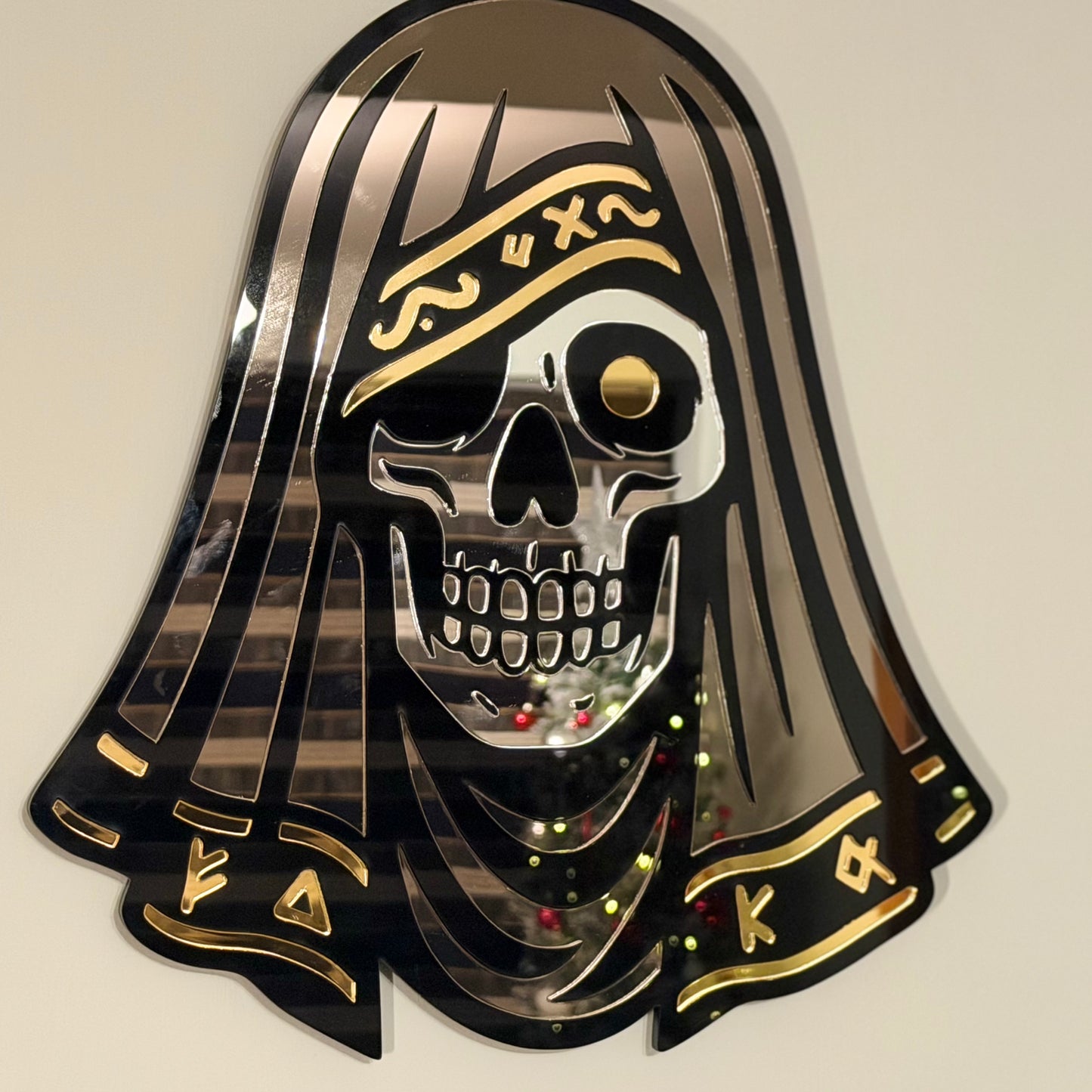 The Veiled Skull – Tri-Tone Mirror Laser-Cut Wall Art | Occult Psychopomp Symbol
