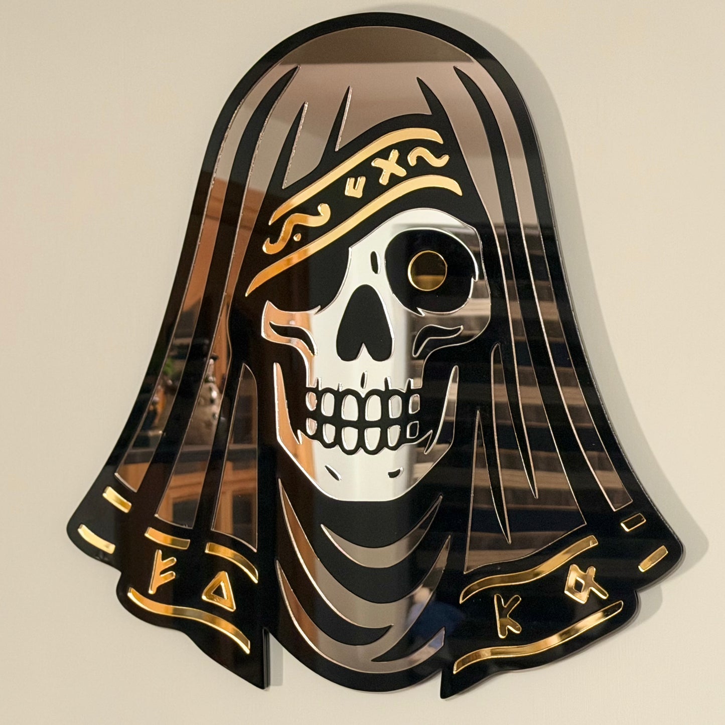 The Veiled Skull – Tri-Tone Mirror Laser-Cut Wall Art | Occult Psychopomp Symbol