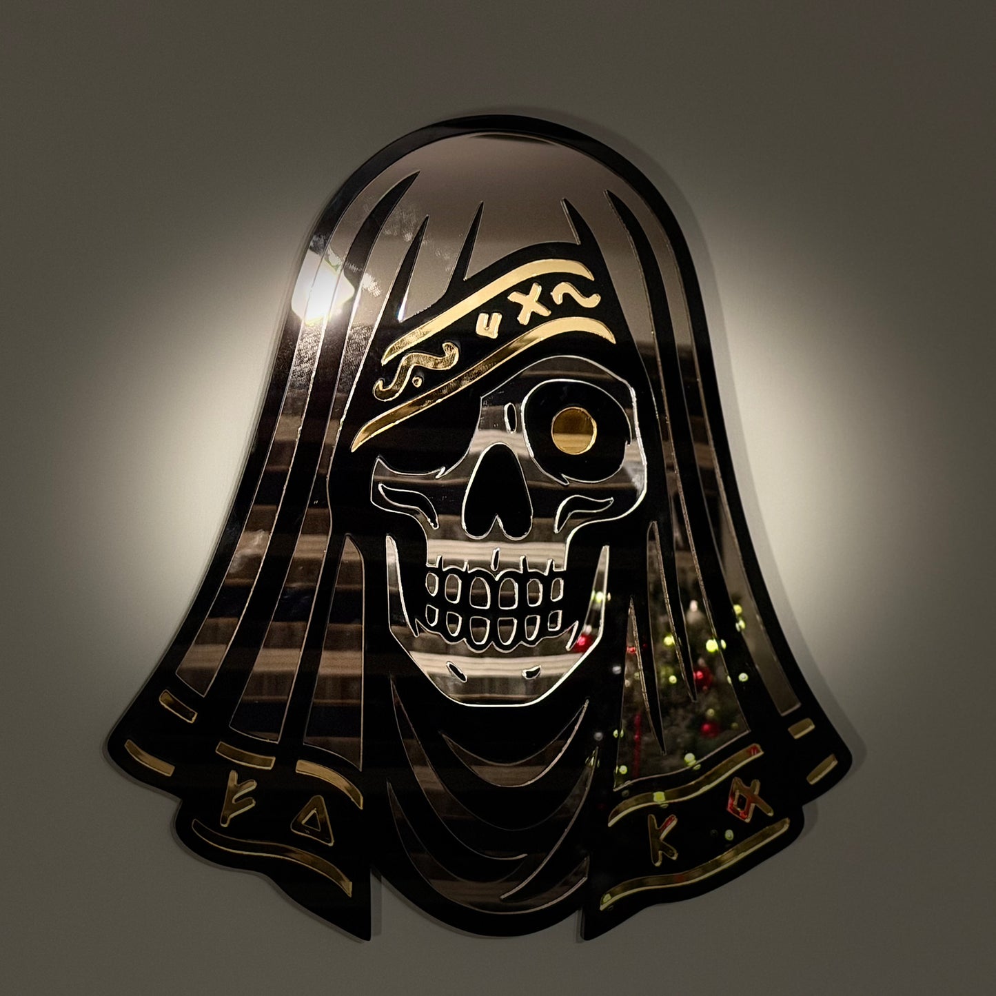 The Veiled Skull – Tri-Tone Mirror Laser-Cut Wall Art | Occult Psychopomp Symbol
