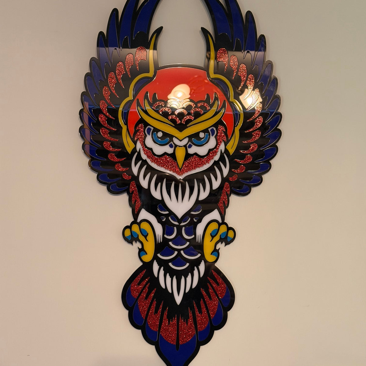 Rising Owl – Layered Acrylic Wall Art | Neo-Traditional Tattoo Style Decor