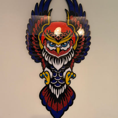 Rising Owl – Layered Acrylic Wall Art | Neo-Traditional Tattoo Style Decor
